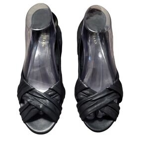 Cole Haan Black Leather Peep Toe Low Wedge Heel Shoes Office Minimalist 9.5